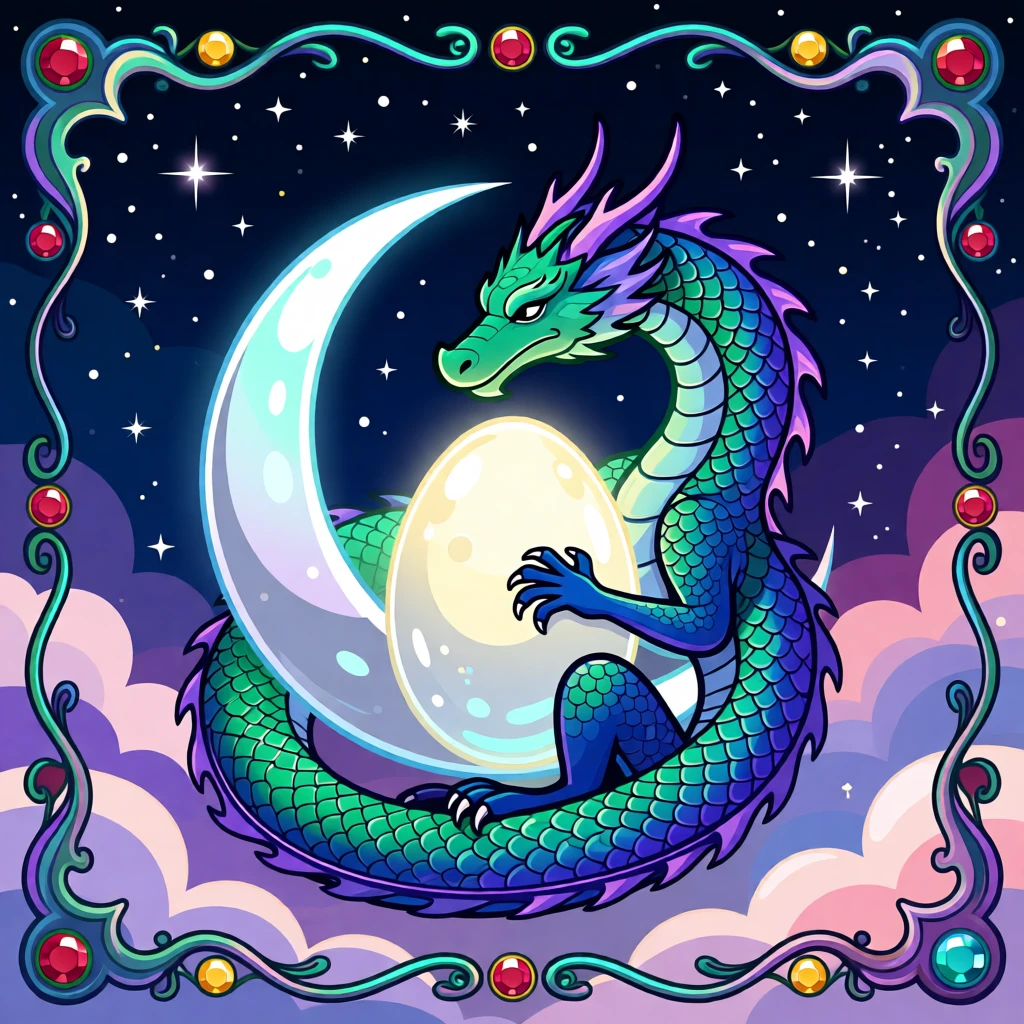 A dragon curled peacefully around a glowing moon-shaped egg, set against a starry night sky filled with soft color, framed with a whimsical, imaginative composition, with rich jewel tones that evoke wonder and imagination.