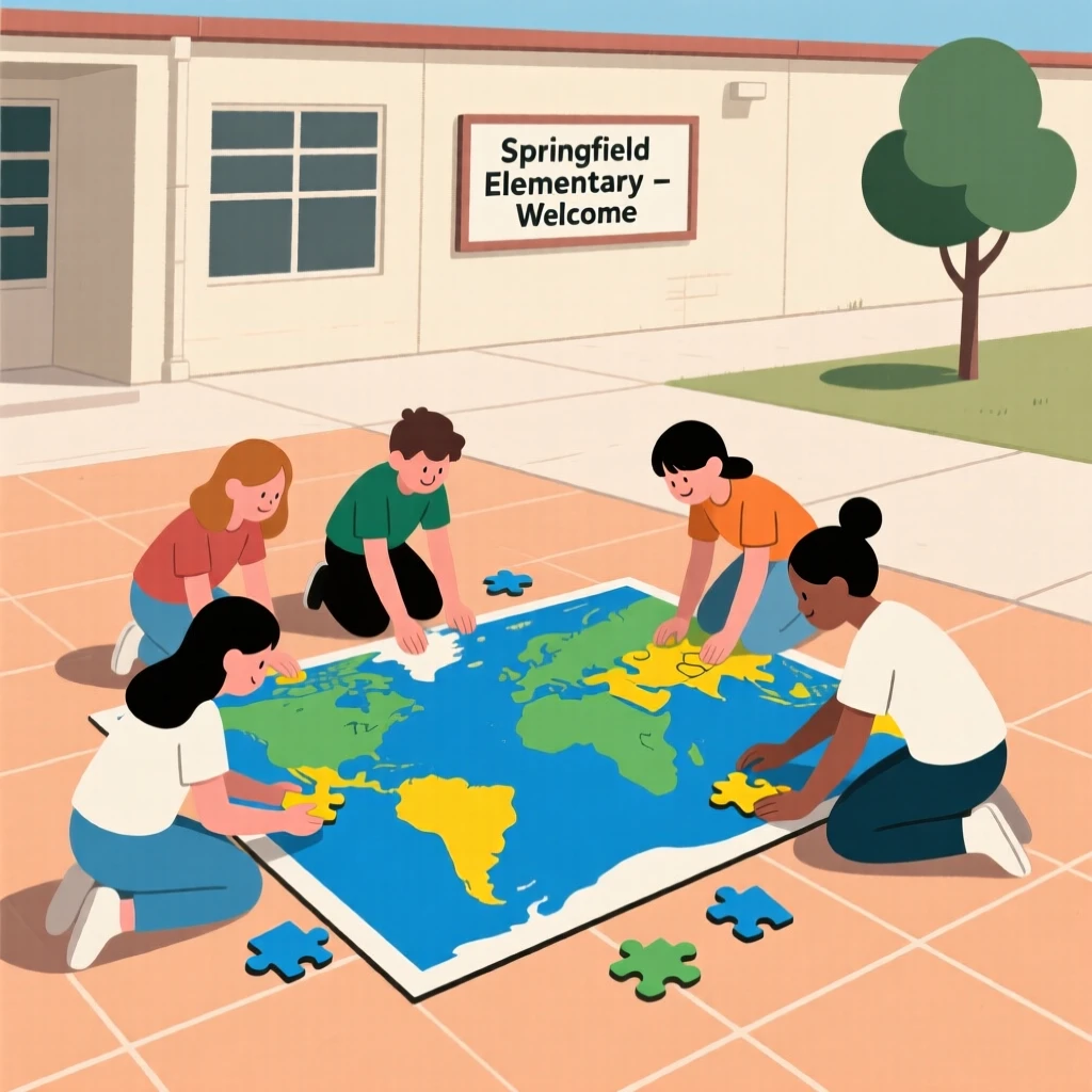 A group of students assembling a puzzle map in a school courtyard.