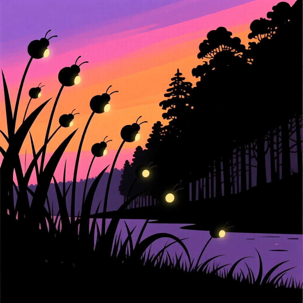 A group of fireflies rising from tall grass at the edge of a forest at dusk.