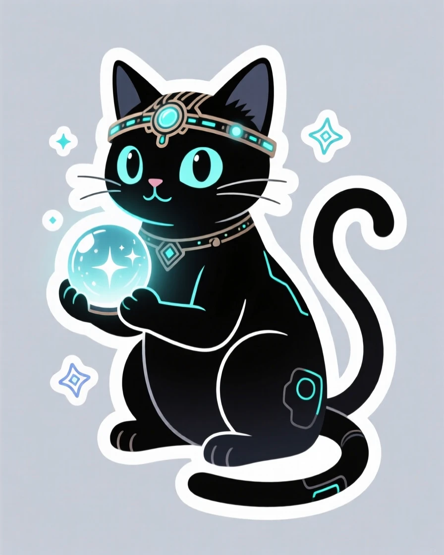 A charmingly futuristic mystical fortune-teller cat with a crystal ball, ready for the next big adventure, during a thrilling made-up quest.