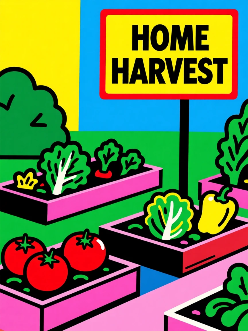 Home garden with raised vegetable beds
