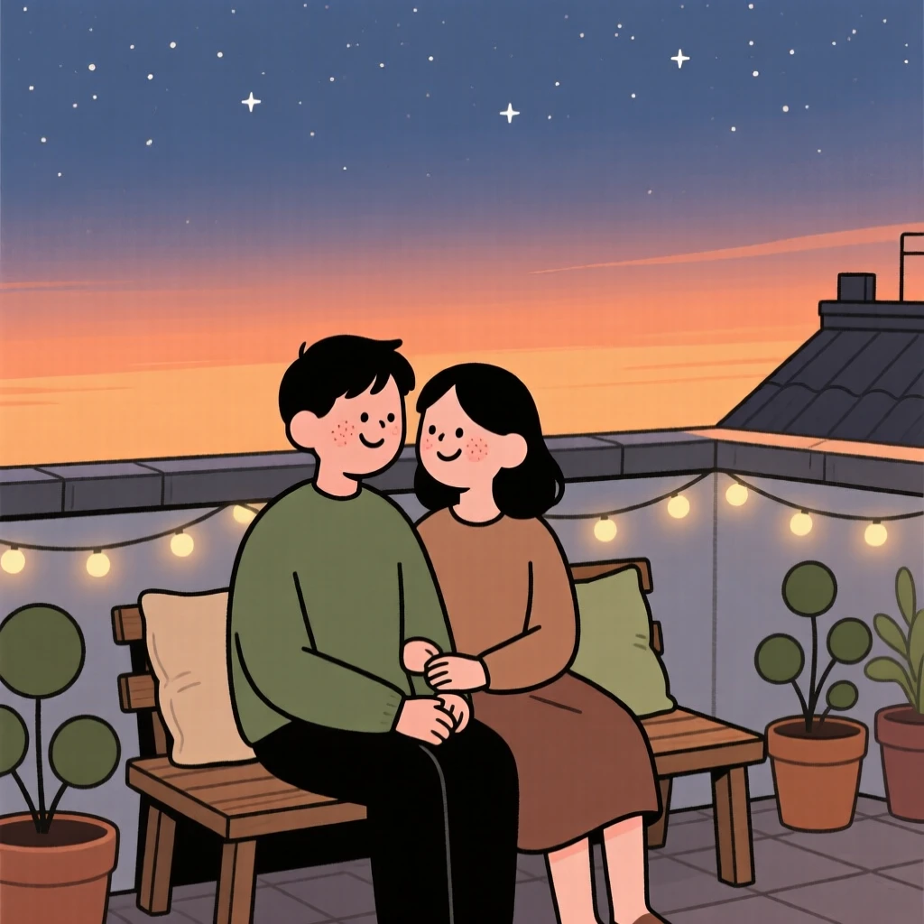 A couple shares a quiet moment on a rooftop terrace at sunset, exchanging a warm smile as stars start to appear overhead surrounds them.