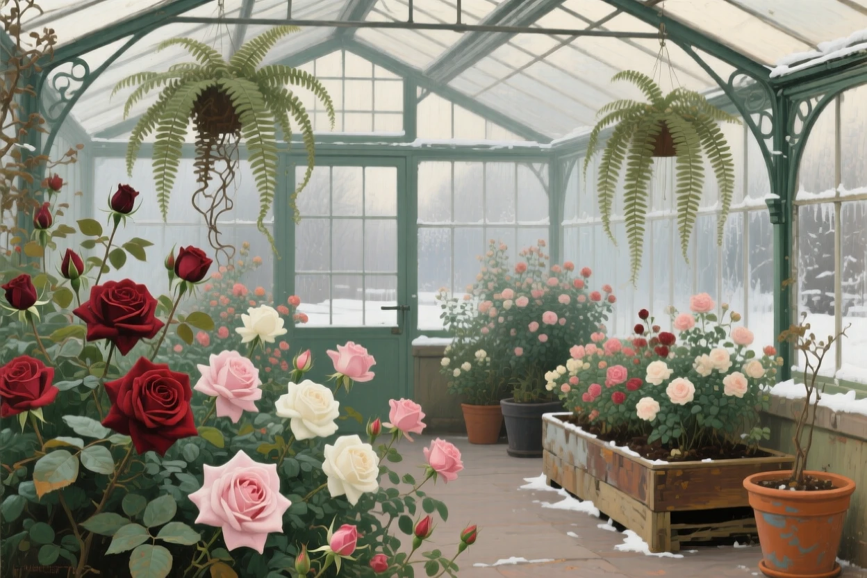 A well-framed scene of a greenhouse filled with blooming roses and hanging ferns, in the quiet stillness of midwinter.