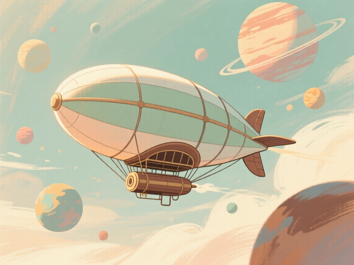 A whimsical airship drifting through a sky of floating planets