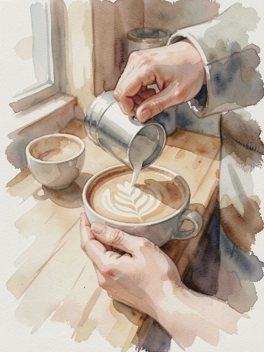 A barista carefully pouring latte art with gentle shadows and warm tones.