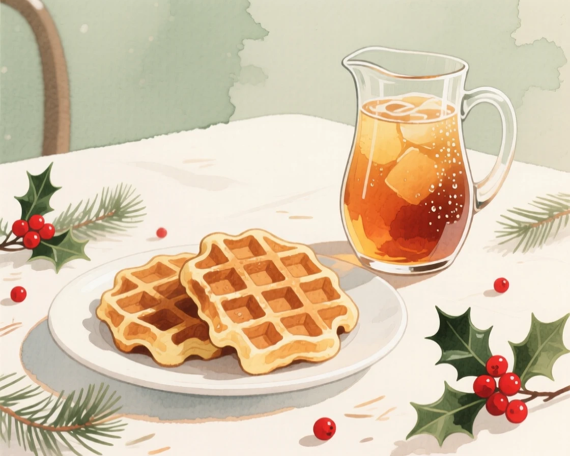 A plate of warm waffles sits beside a pitcher of iced tea at a festive holiday table, arranged beautifully for a delightful meal