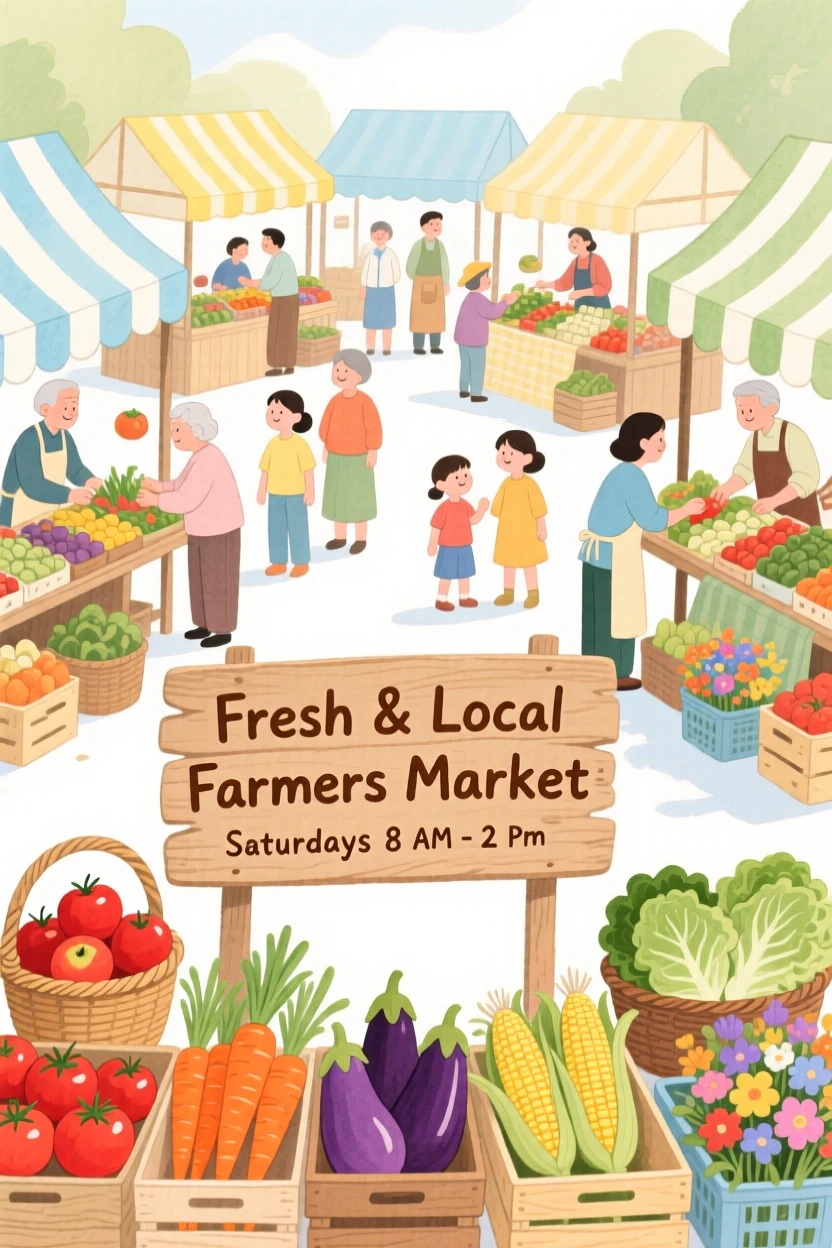 A picturesque view of a bustling farmers market with baskets of fresh produce.