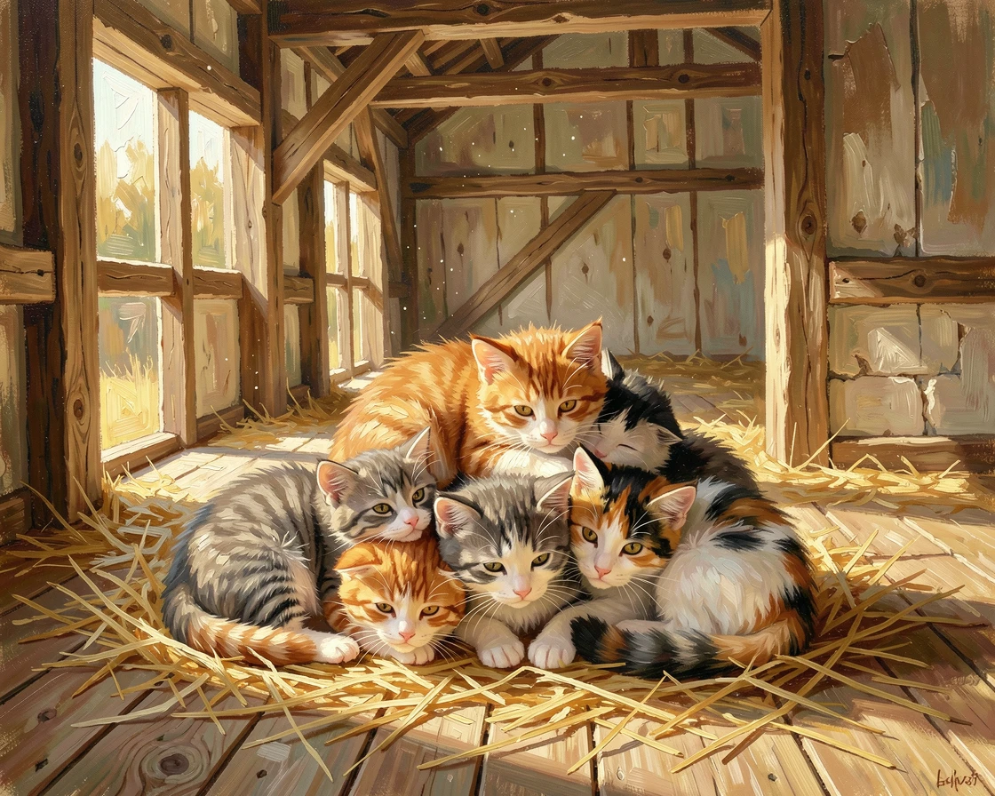A litter of kittens tumbling over one another, it curling up contentedly for a nap, in a rustic barn filled with soft hay, on a bright, sunny afternoon.
