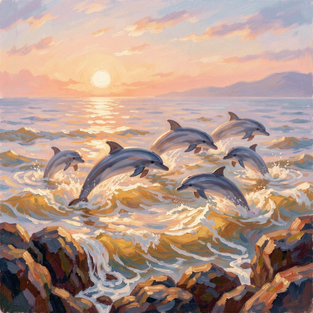 A pod of dolphins leaping through golden waves at sunset off a rocky coastline, radiating joy and gentle celebration.
