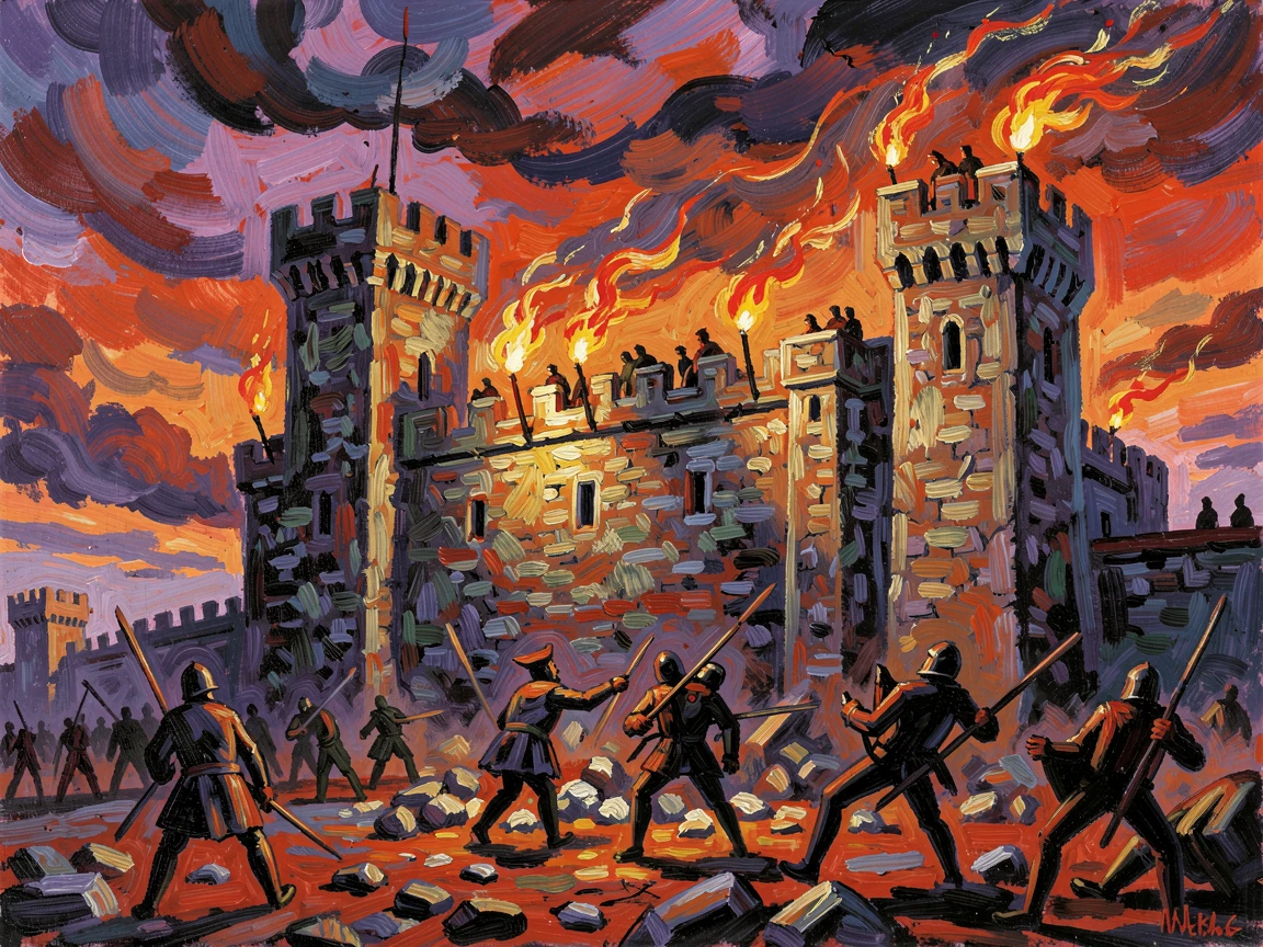A castle under siege at dusk, torchlight flickering along its ancient stone walls.