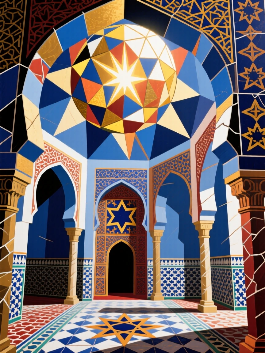 An ornate mosque interior with intricate tilework and a glowing central dome.