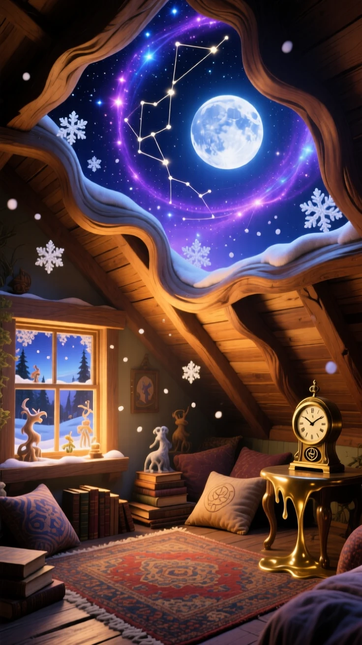 A cozy attic room where the ceiling opens directly into starlight feels warm, familiar, and just slightly impossible, as soft snow drifts silently past warmly lit windows.