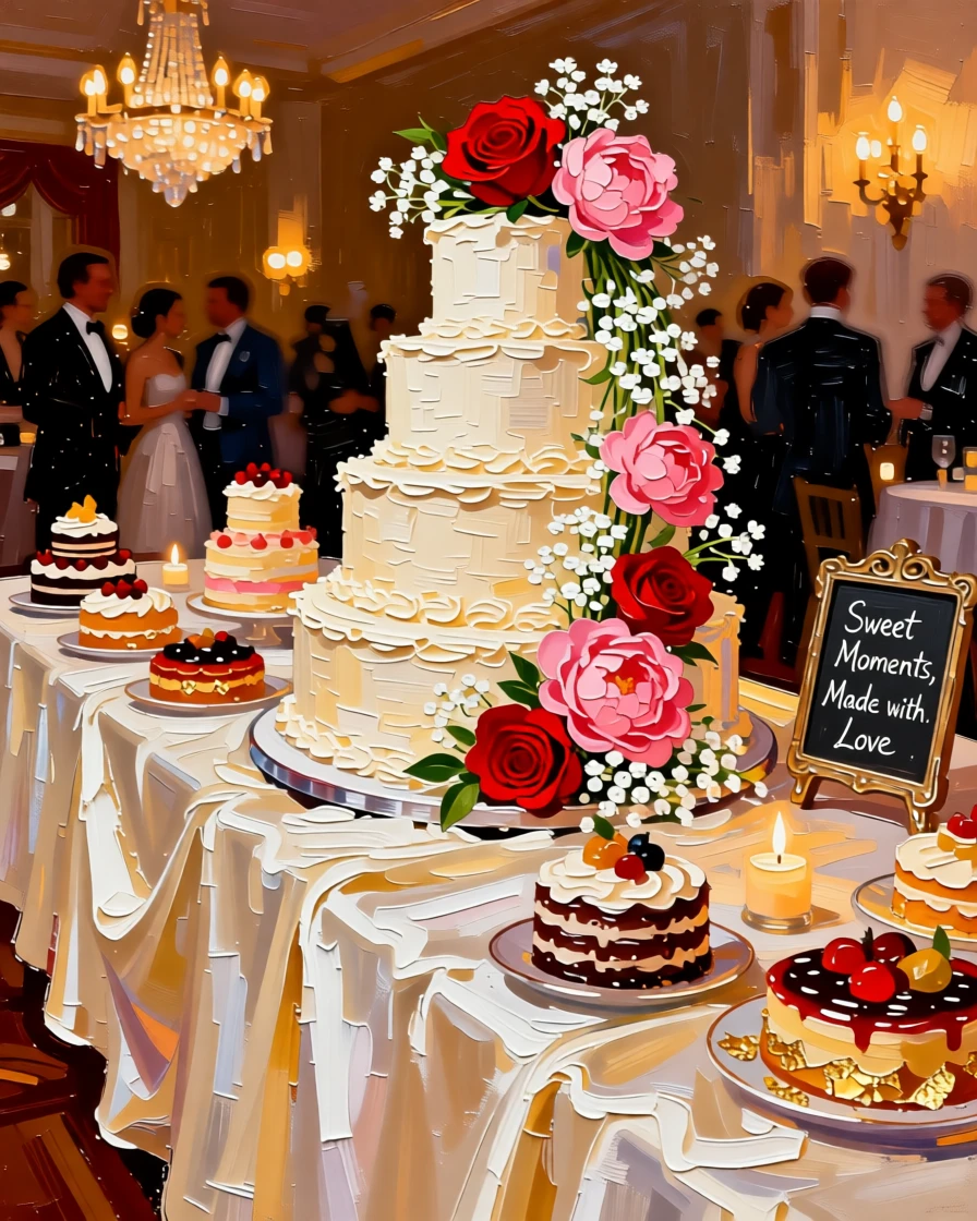 A grand dessert table at a wedding, tiered cakes decorated with fresh flowers