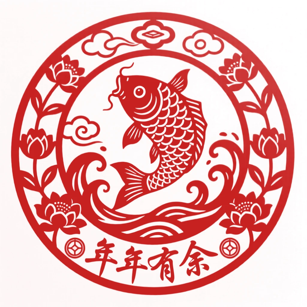A carp leaping through a ring of water, arranged within a circular medallion, a wish for prosperity in the year ahead.
