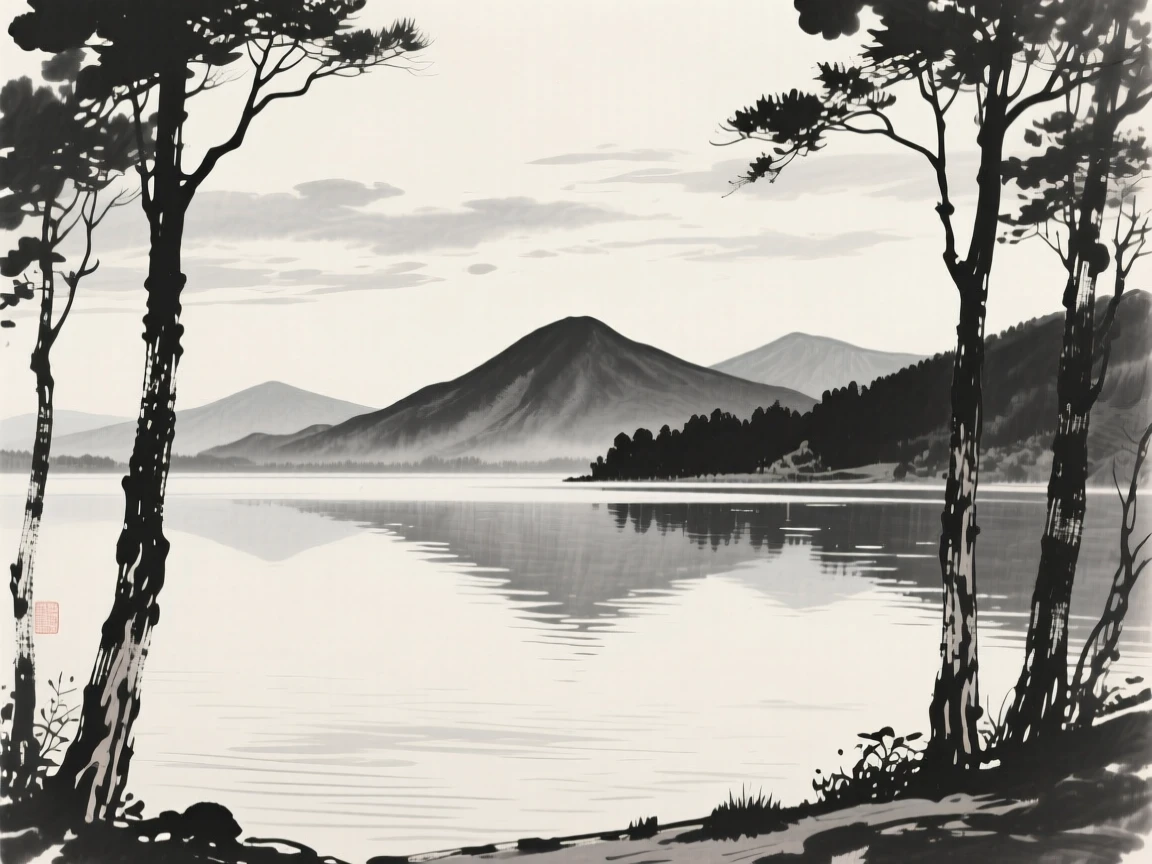 A quiet lake mirroring a ring of distant peaks under a wide open sky scattered with drifting clouds, framed through a gap in the trees, revealing the valley beyond, conveying calm reflection and gentle isolation.