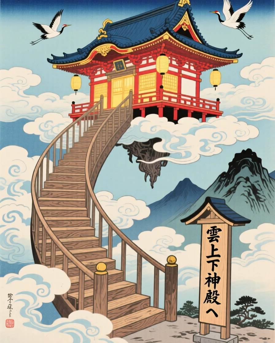A spiral staircase winding toward a glowing temple, suspended high above the clouds.
