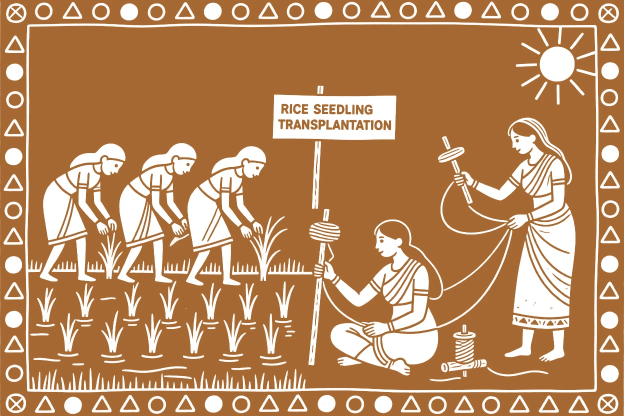 A group of women transplanting rice seedlings spinning thread on a simple wooden spindle.