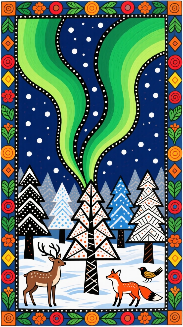 The aurora borealis dancing in green ribbons above a snowy forest.