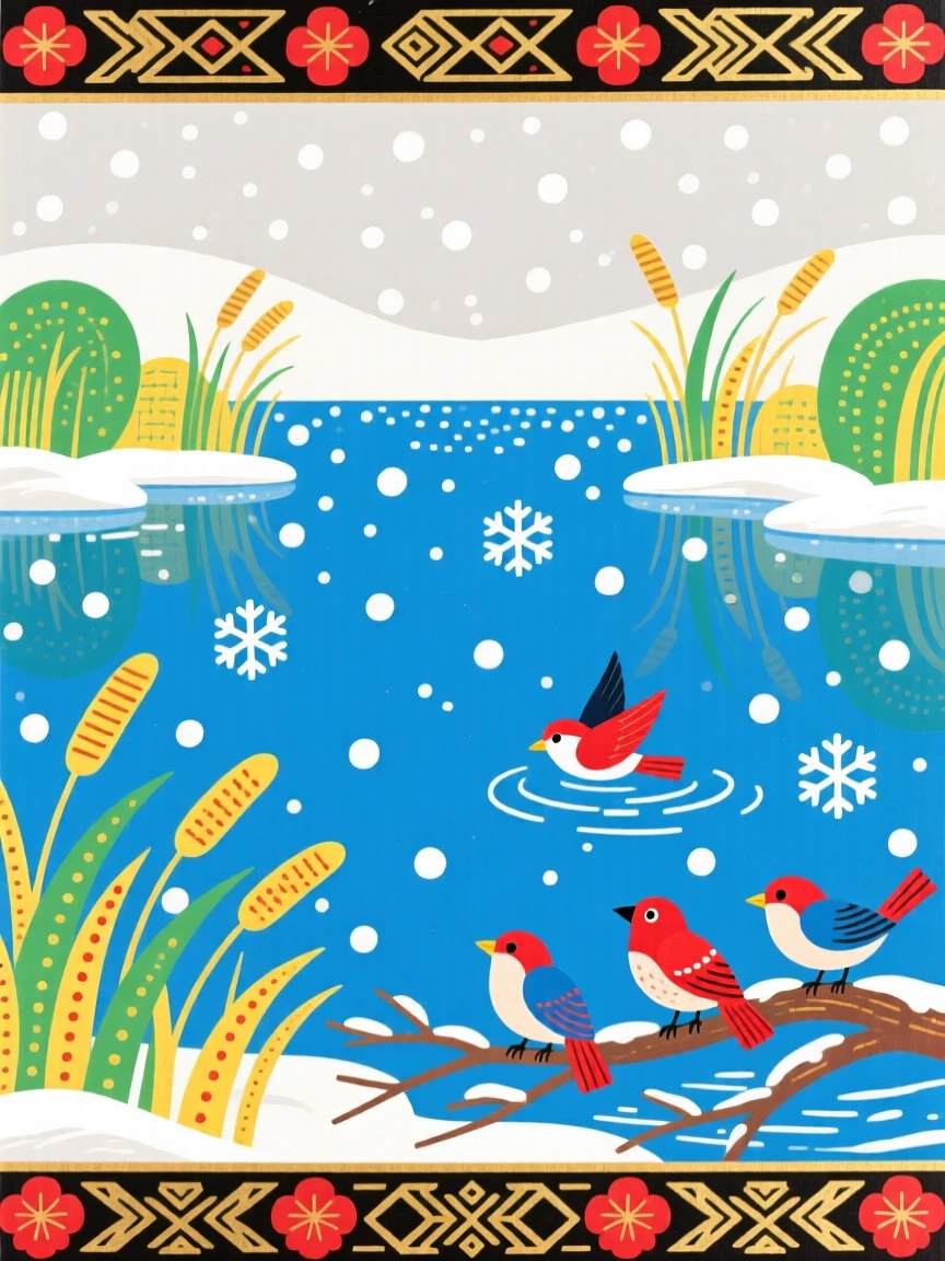 A still lake, during a soft and steady snowfall.
