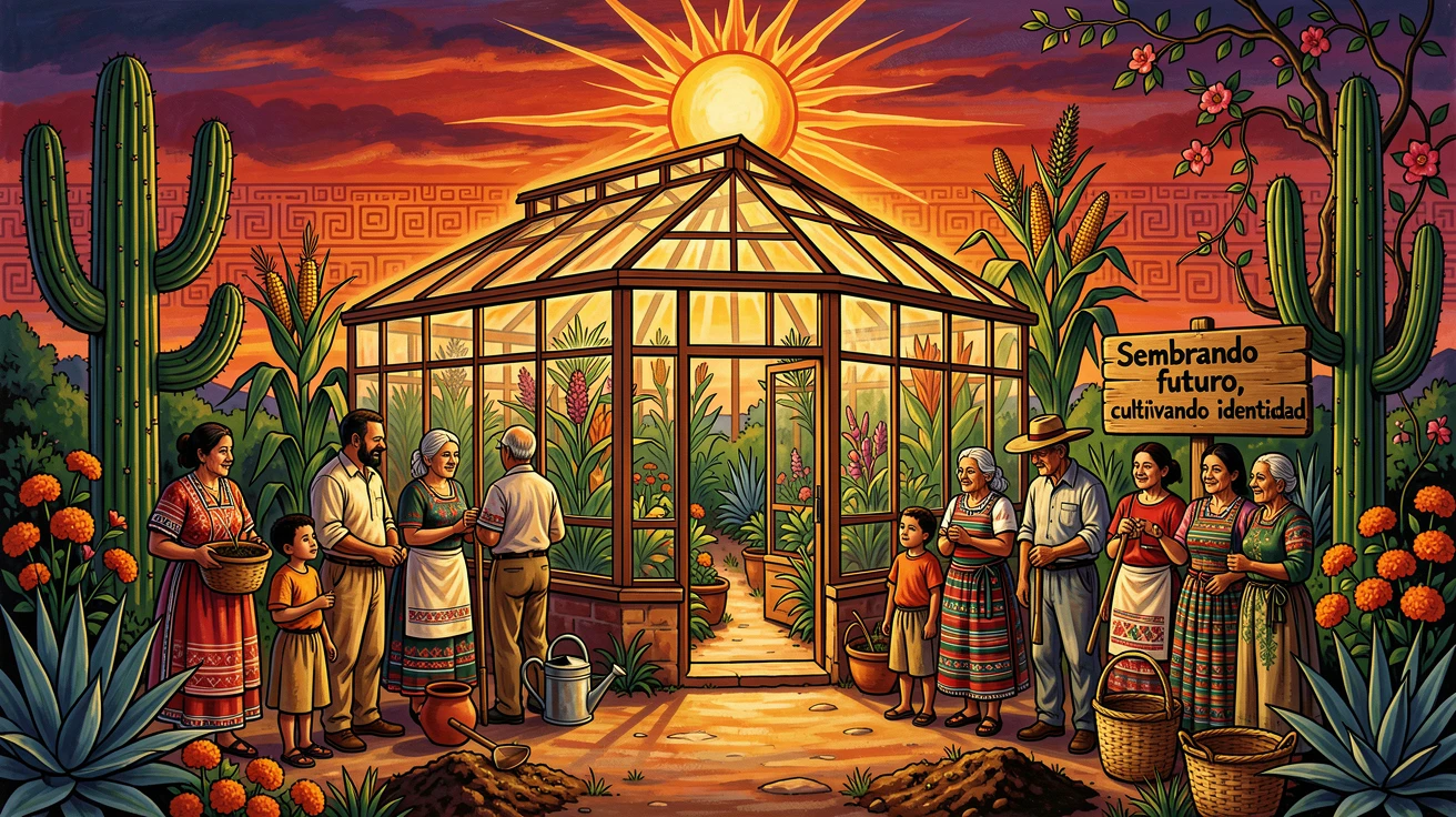 A garden greenhouse glowing warmly at dusk