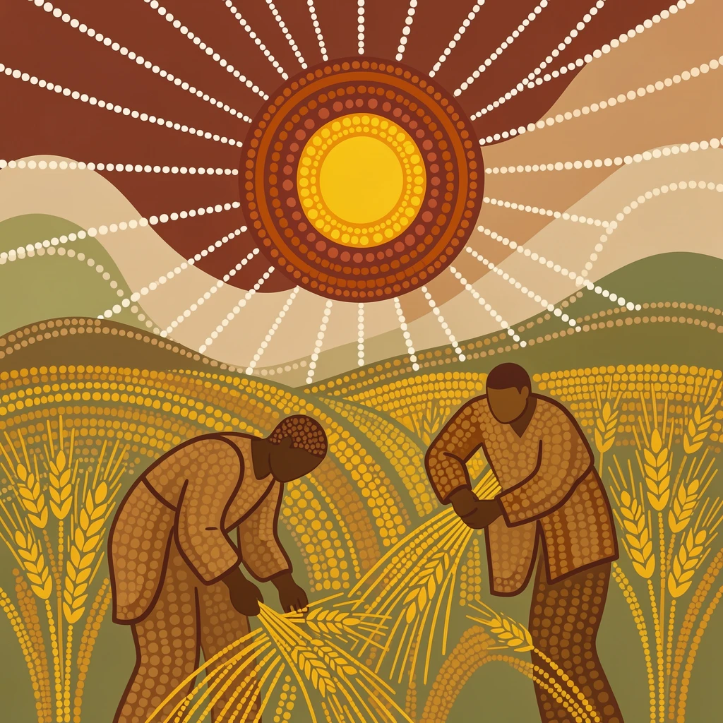 Farmers harvesting golden wheat by hand at sunrise