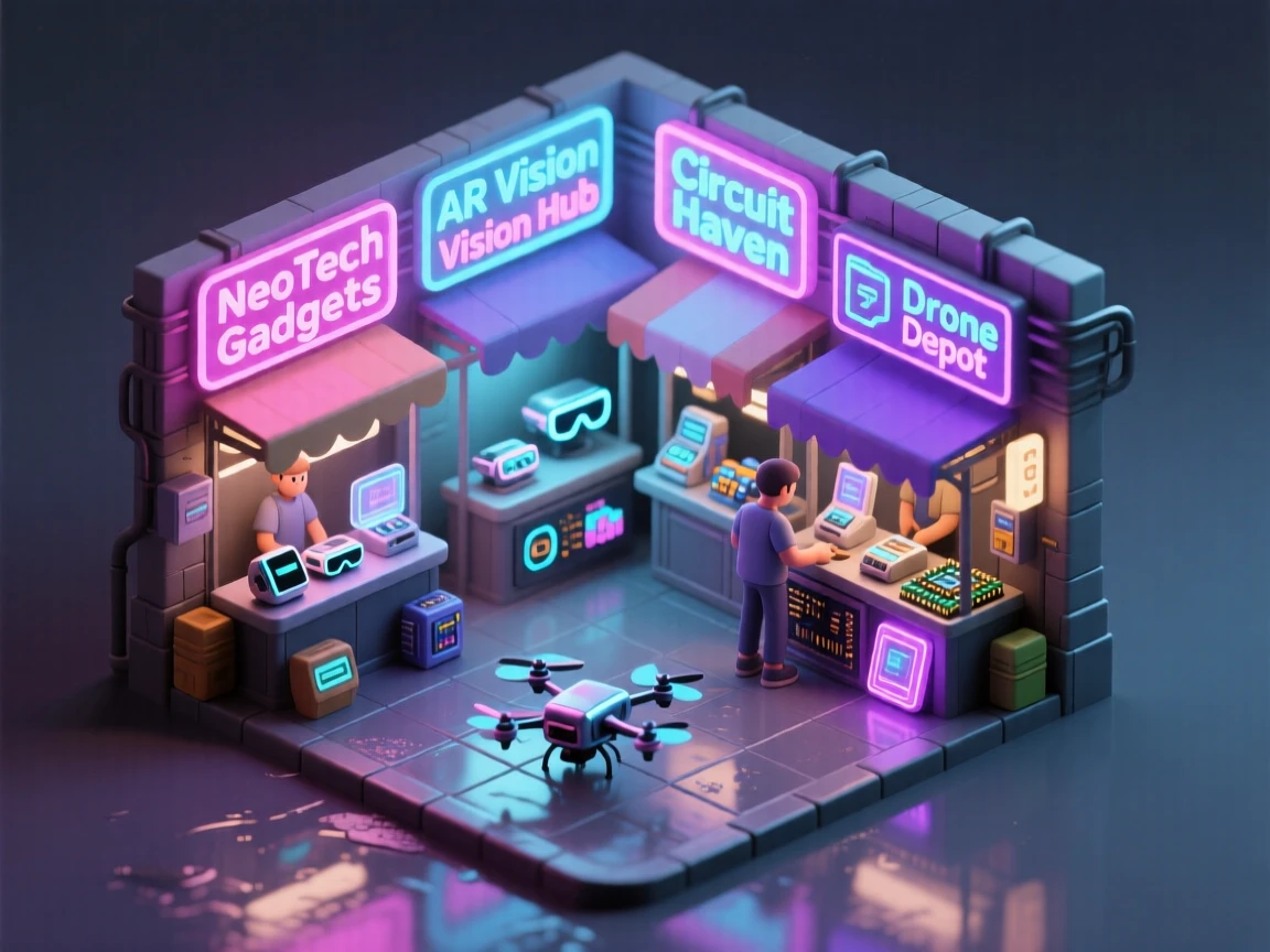 A neon-drenched cyberpunk alleyway market with vendors selling gadgets beneath dripping holographic signs.