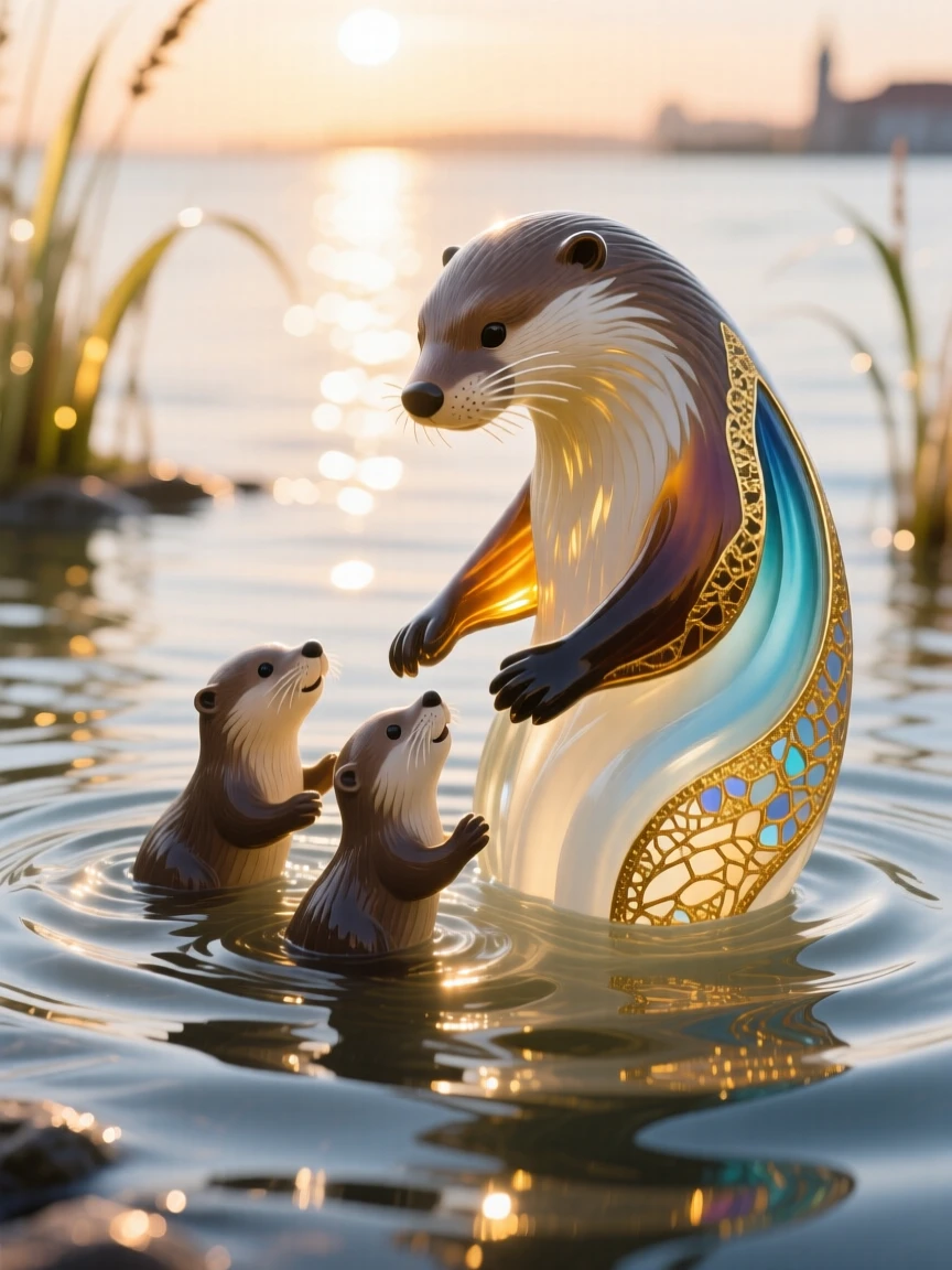 A mother otter teaching her pups to swim through sunlit shallows at dawn, tender and joyful.