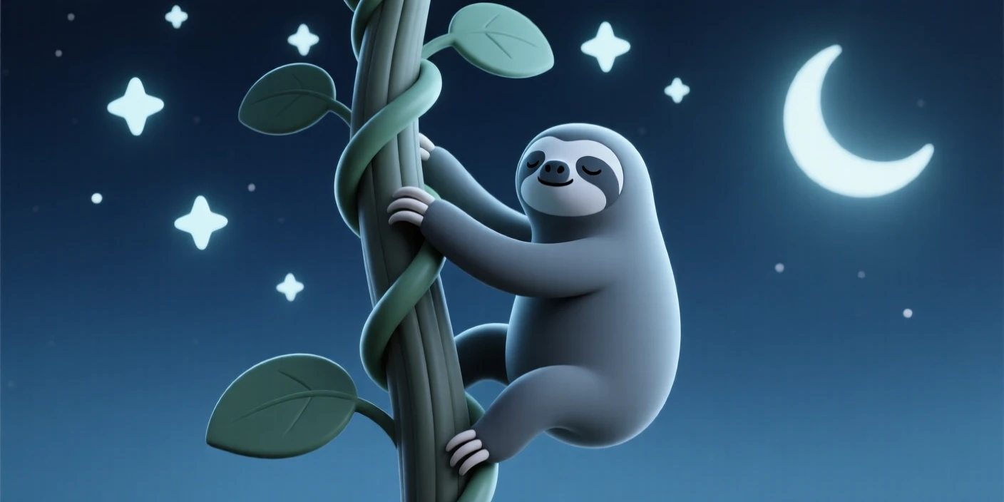 A gentle giant sloth spirit slowly climbs a moonlit vine, stars glittering between the leaves above.