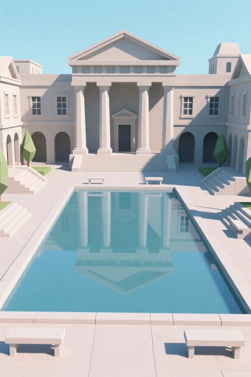 A grand plaza framed by classical architecture, reflected perfectly in calm water. fine architectural details are rendered with clarity. The mood feels romantic and picturesque.