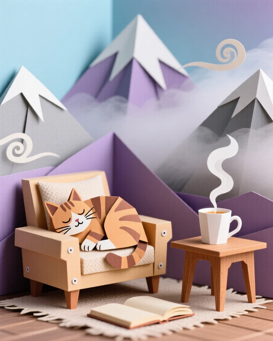A cozy reading nook with a sleeping cat set against a backdrop of misty mountains, with steam rising gently from a warm drink, capturing quiet contentment.