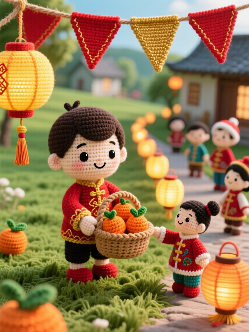 A festive cultural scene of a small boy carrying a small basket of festival oranges for a lunar new year gathering, offering them to visiting family within a sunlit village green decorated with banners; a row of glowing lanterns lining the path nearby, full of warm cultural pride and festive belonging.