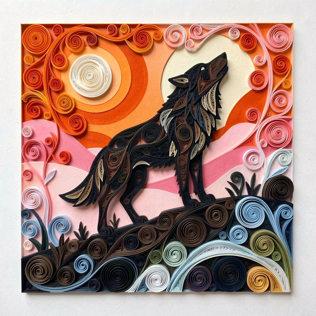 a wolf howling atop a moonlit ridge, along a quiet natural horizon line, framed in a dramatic silhouette against the sky, under a blazing orange and pink sunset sky.