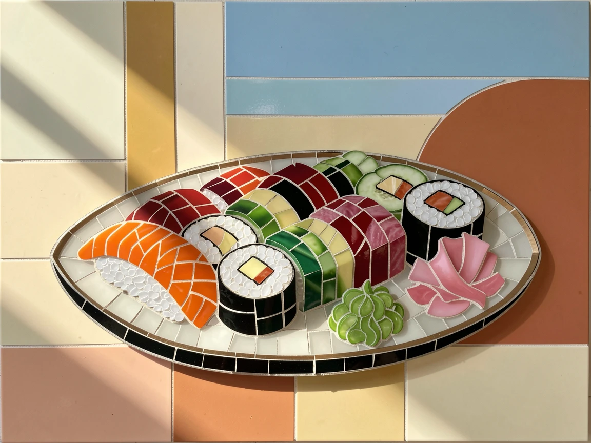 A colorful platter of fresh sushi rolls arranged with wasabi and pickled ginger, styled beautifully with warm natural window light.