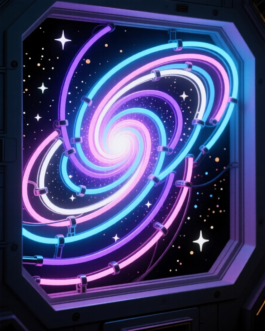 A spiral galaxy viewed from a spacecraft window.