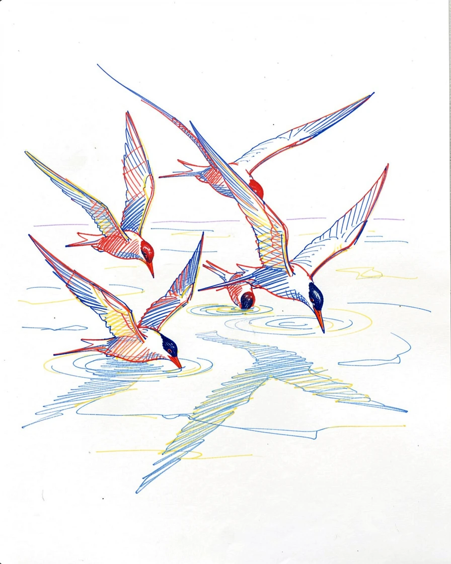 A group of arctic terns diving together into icy northern water