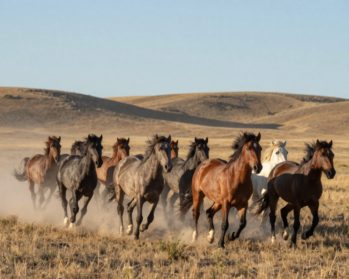 A wild mustang herd galloping across an open plain