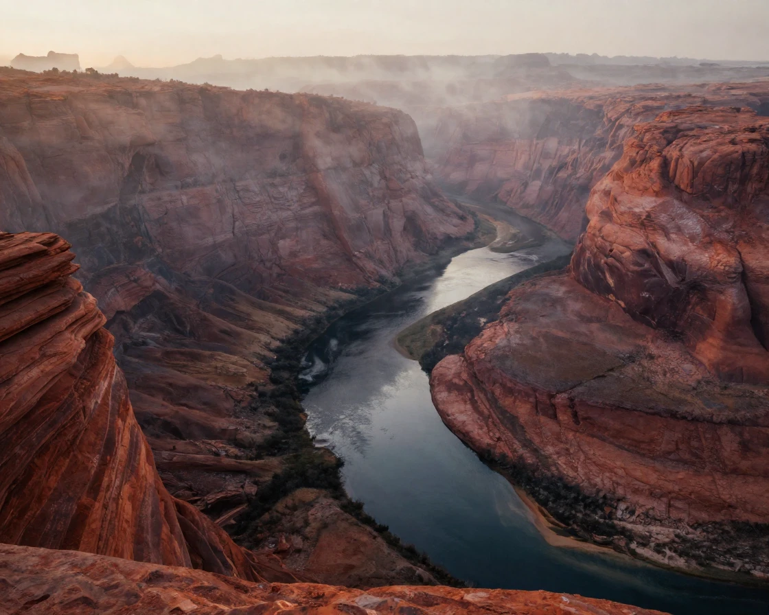 A winding river carved through red rock canyons, stretching endlessly wrapped in a thick blanket of morning fog