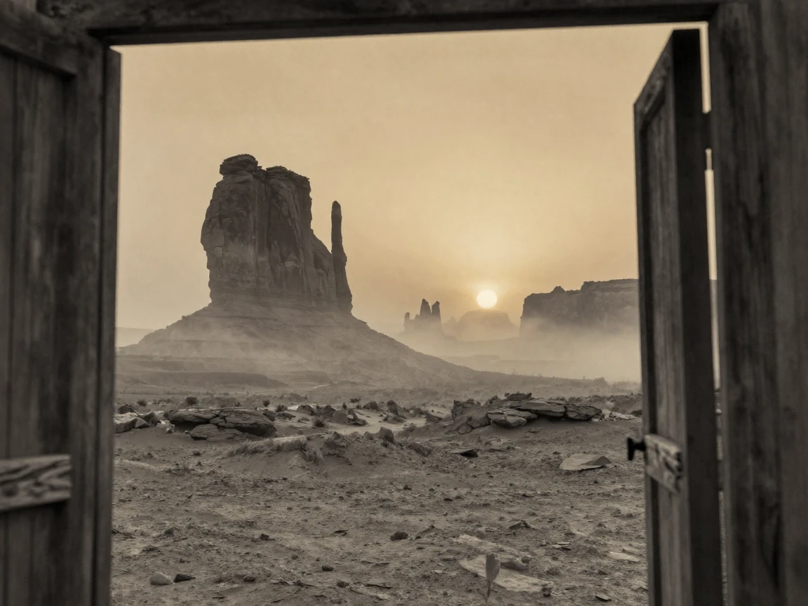 Ancient rock formations rising from a sunbaked desert floor, under a glowing sunset sky, in thick rolling fog, as summer fades into fall, with stark black-and-white contrast softened by a single warm hue, framed through an open doorway.