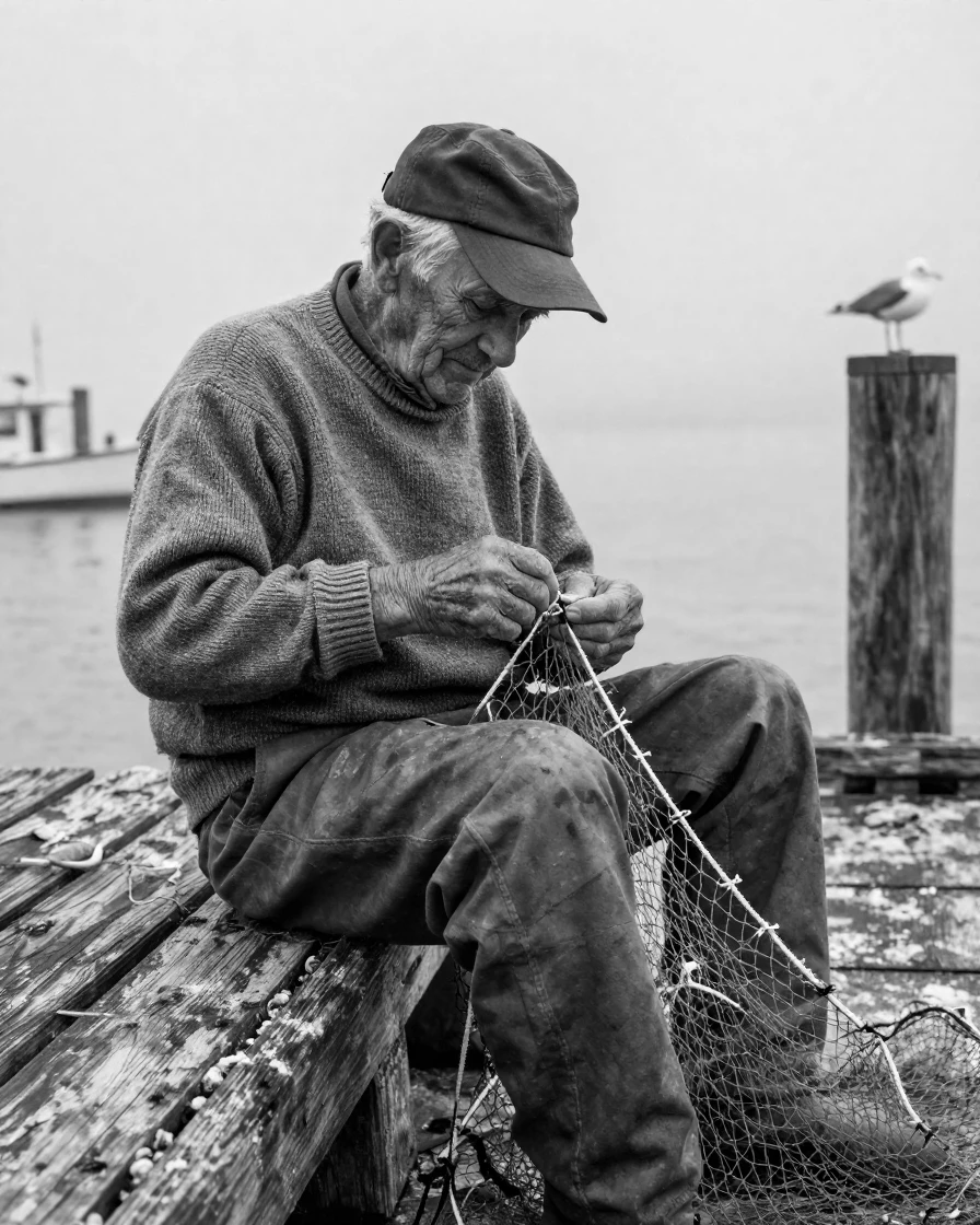 An old fisherman mends a torn net on a weathered wooden dock.