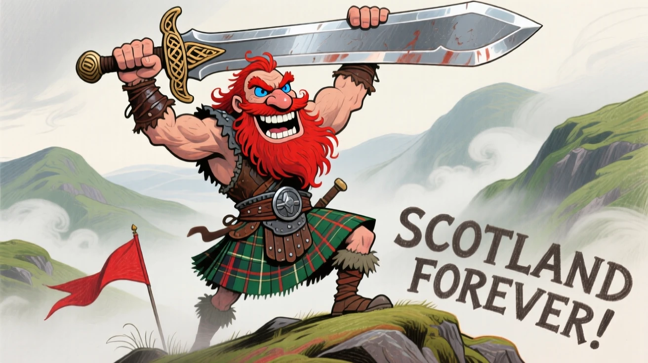 A Scottish highland warrior raising a claymore sword atop a misty hill.