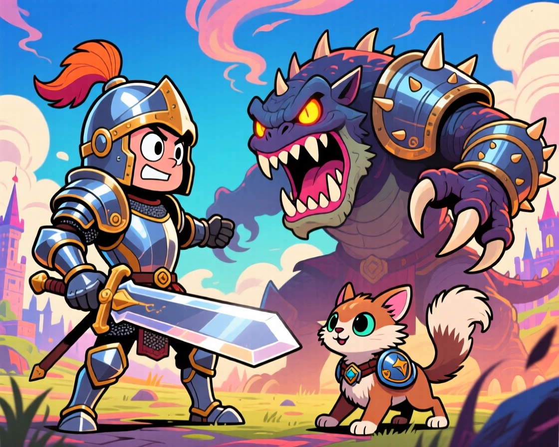 An imaginative fantasy scene of a brave knight facing down a mighty foe with fearless determination, with a loyal companion creature close behind.
