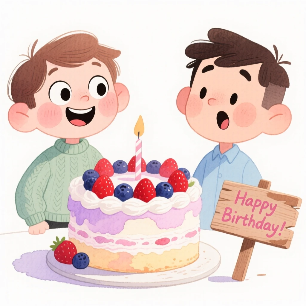 A cozy, appetizing, rustic and comforting scene of a birthday cake covered in fresh berries and pastel frosting