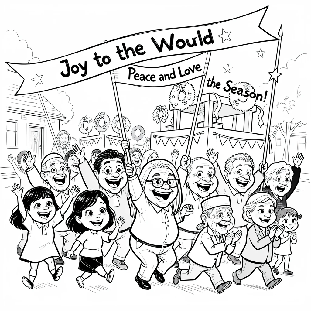 [Seasonal Holidays & Celebrations] Festive scene of a lively church congregation parading with festive floats and banners, full of celebration and joy