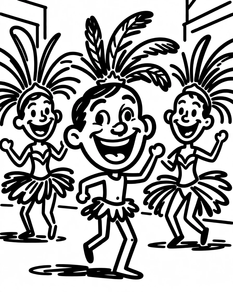 A joyful Carnival street parade with elaborate feathered costumes and samba dancers.