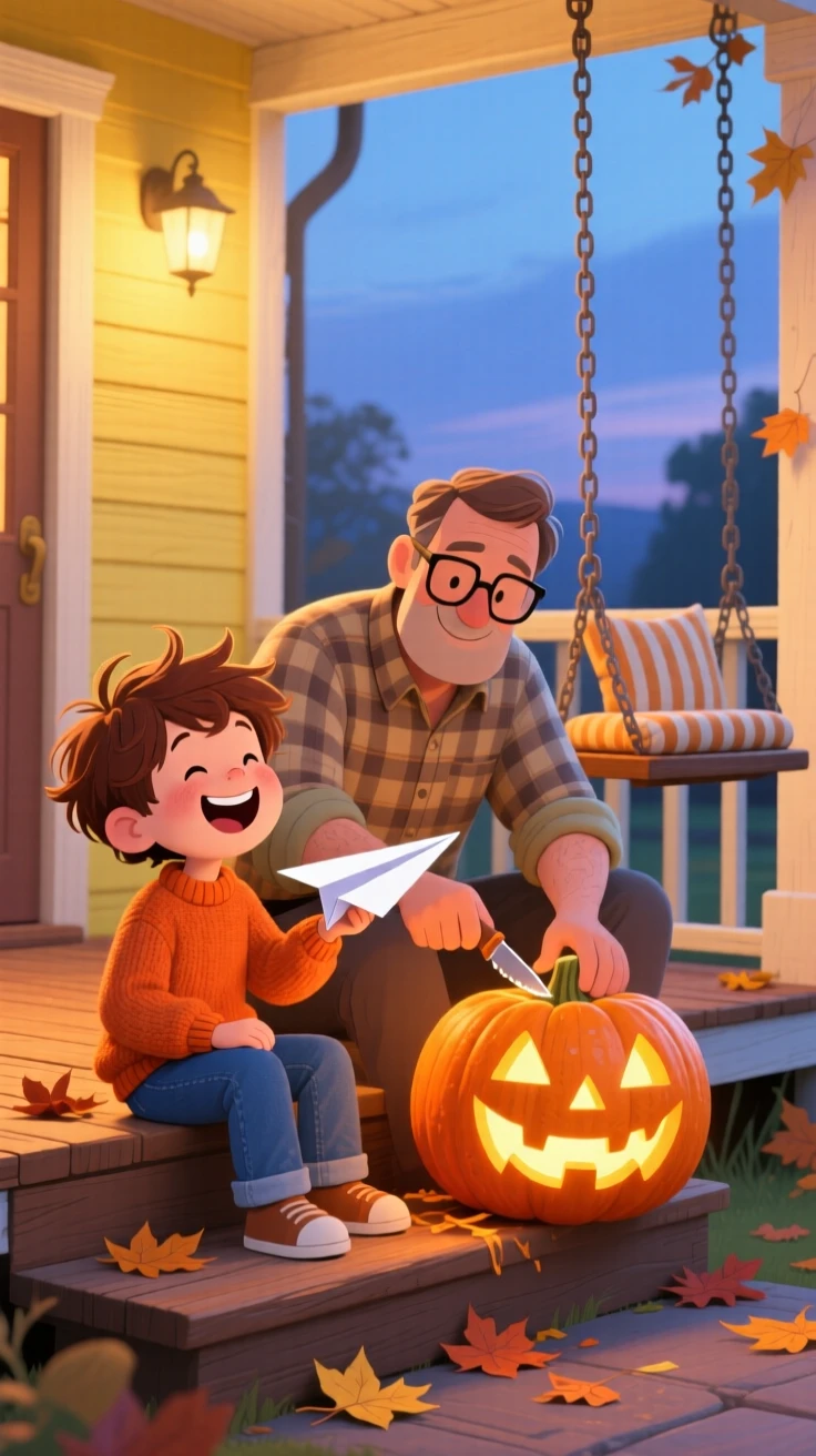 A boy with a paper airplane laughs while carving a jack-o'-lantern on the porch together with his father, while the porch swing creaks gently.