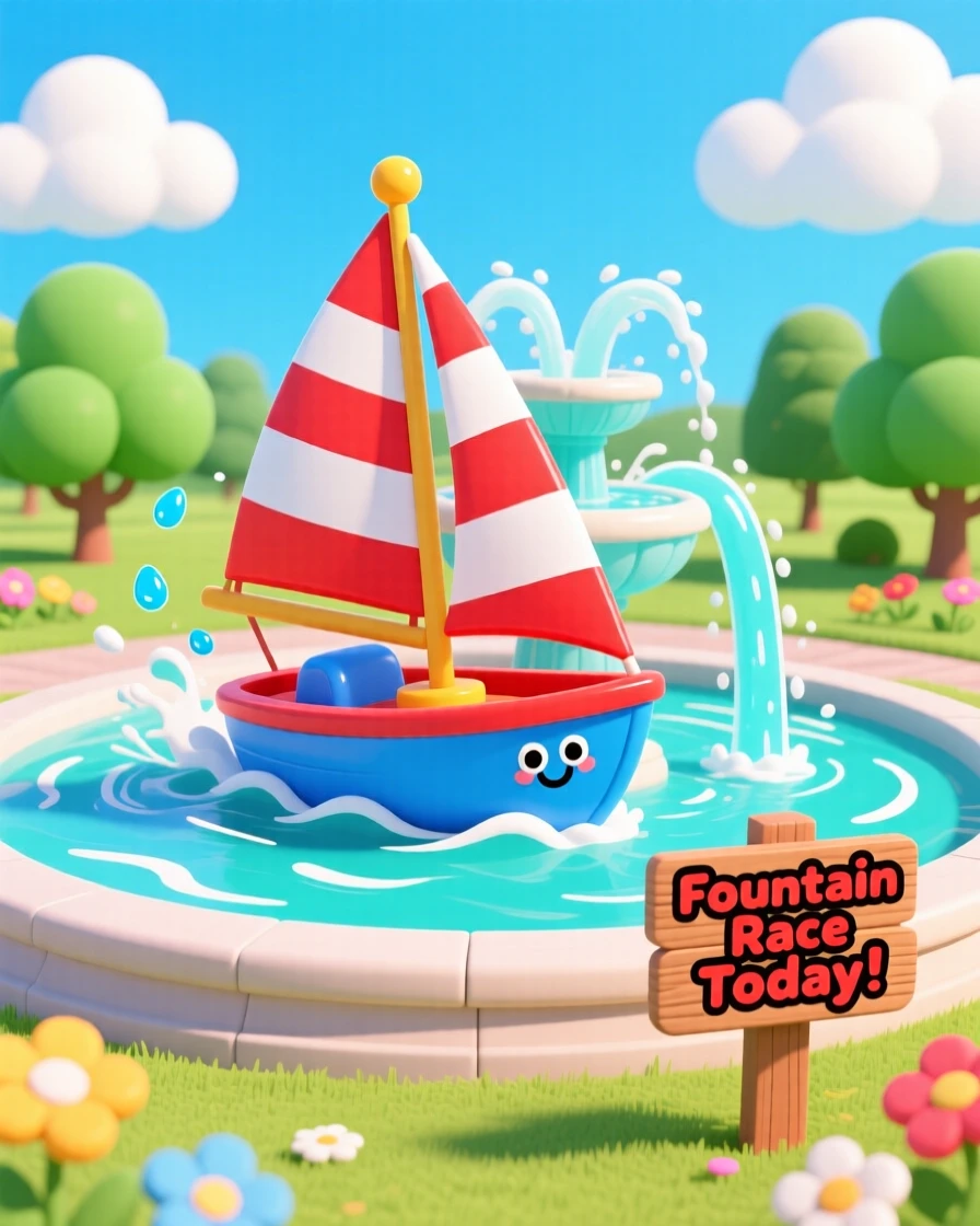 A toy sailboat racing across a park fountain.