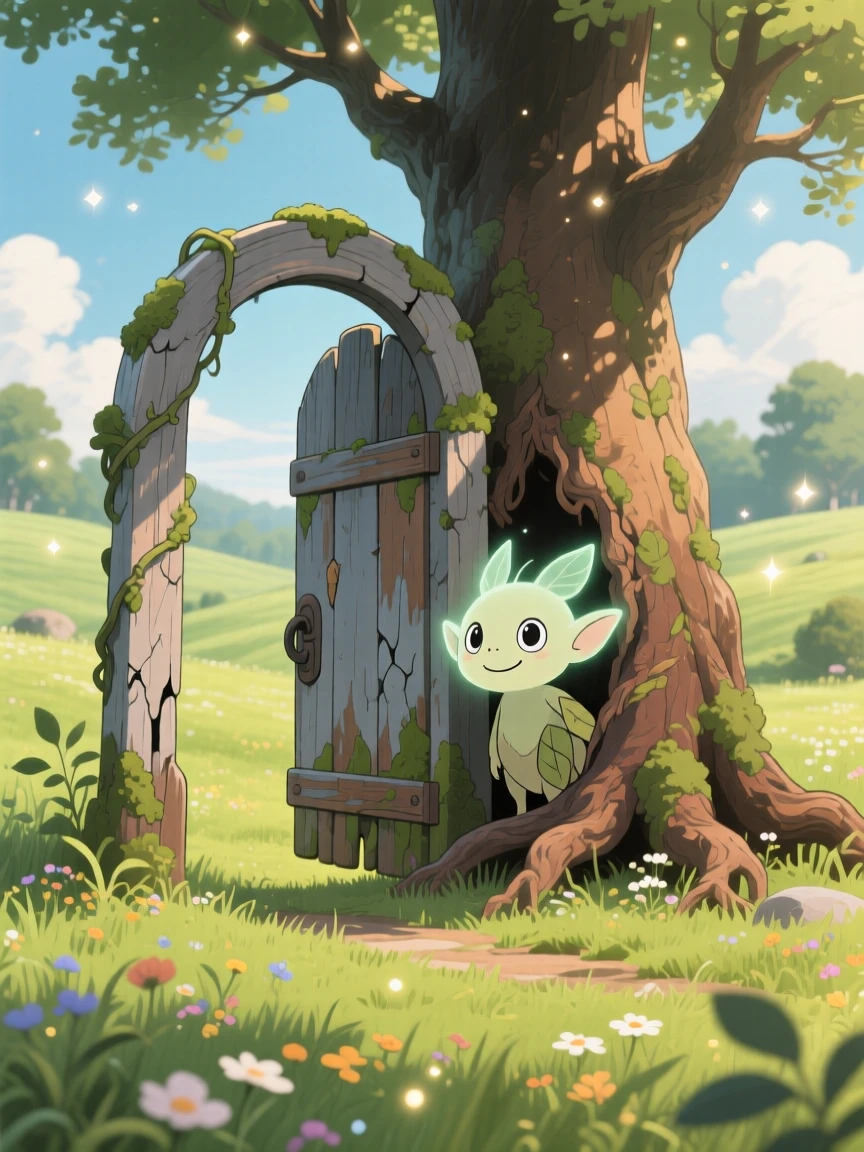 A portal shaped like an old wooden gate standing alone in a meadow, where a friendly forest spirit peeking from behind a root can be seen nearby, the atmosphere whimsical and joyful.