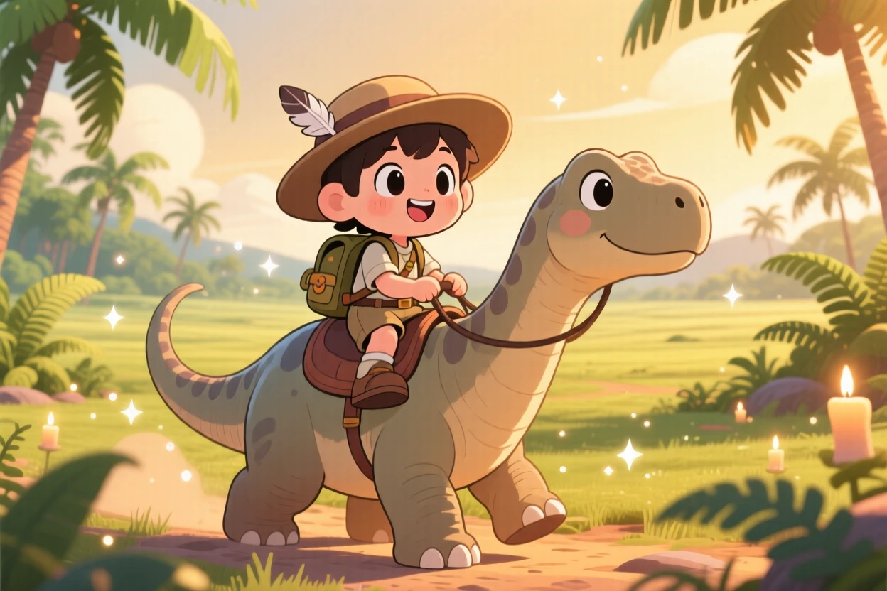A young explorer riding on the back of a gentle brontosaurus, framed as an over-the-shoulder view within a sweeping prehistoric plain, on a warm tropical afternoon, glowing under gentle candlelight, evoking bubbly enthusiasm.