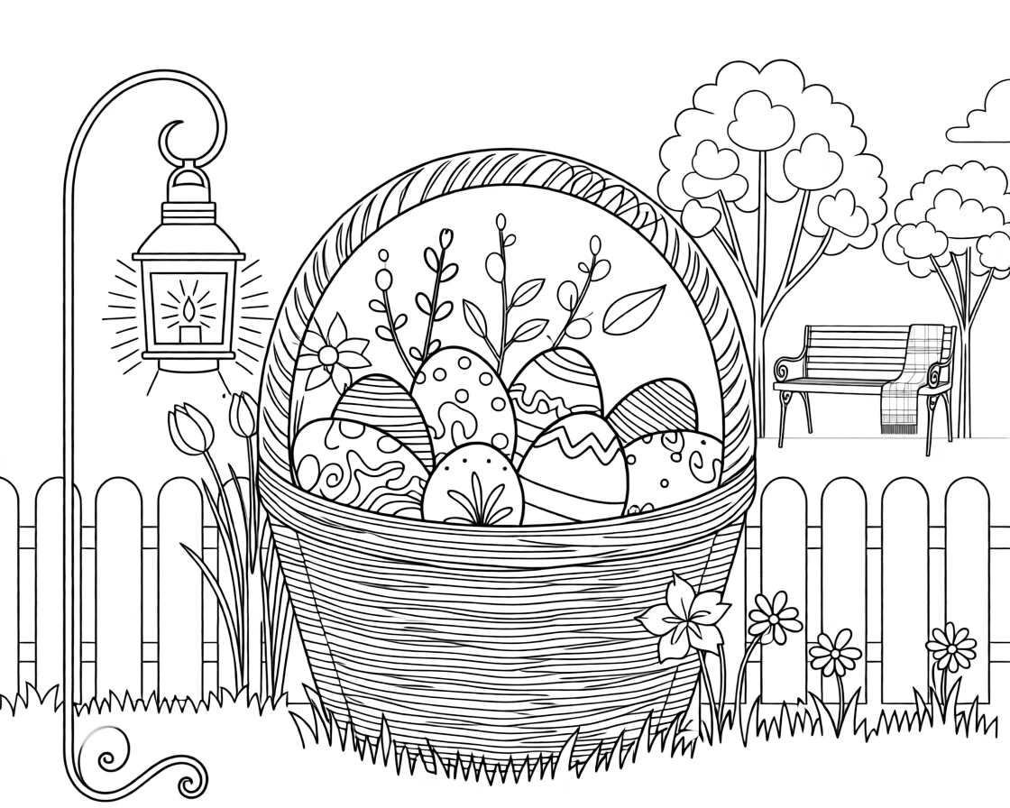 An Easter basket filled with painted eggs in a spring garden, with warm lantern light glowing across the scene.