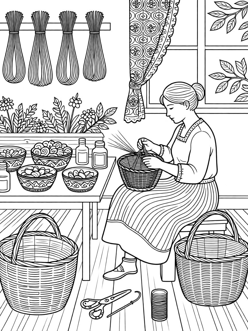 A basket weaver scene with natural fiber and dyes.